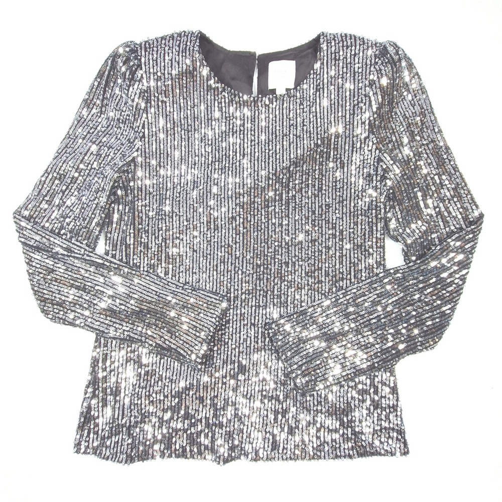 Sen Sequin Blouse Womens Small Silver Black Long Sleeve Glam Party Top